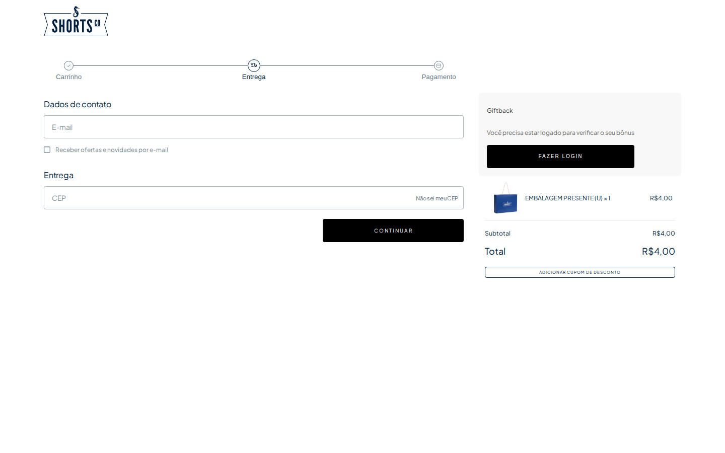 Primeira etapa do checkout — dados de contato e CEP