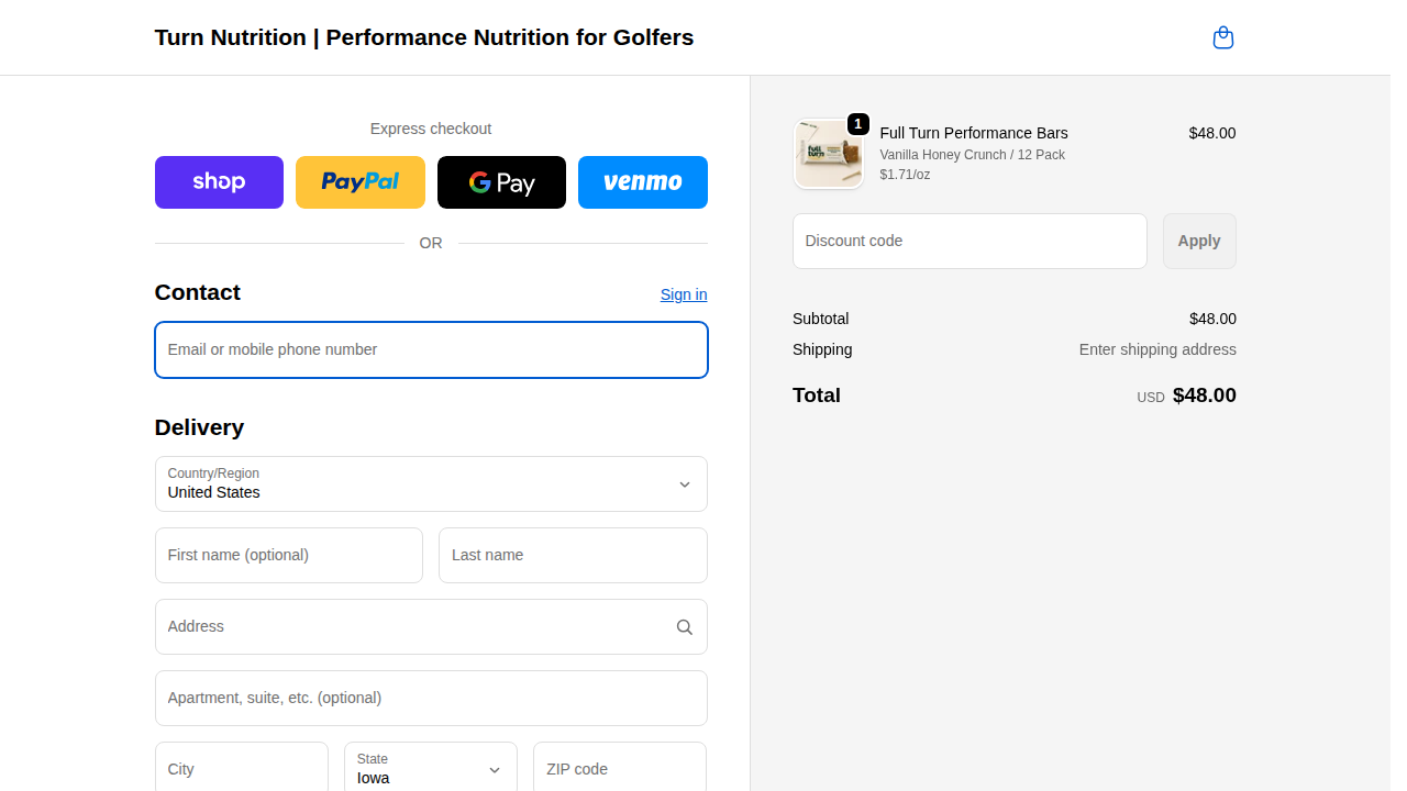 Turn Nutrition checkout page