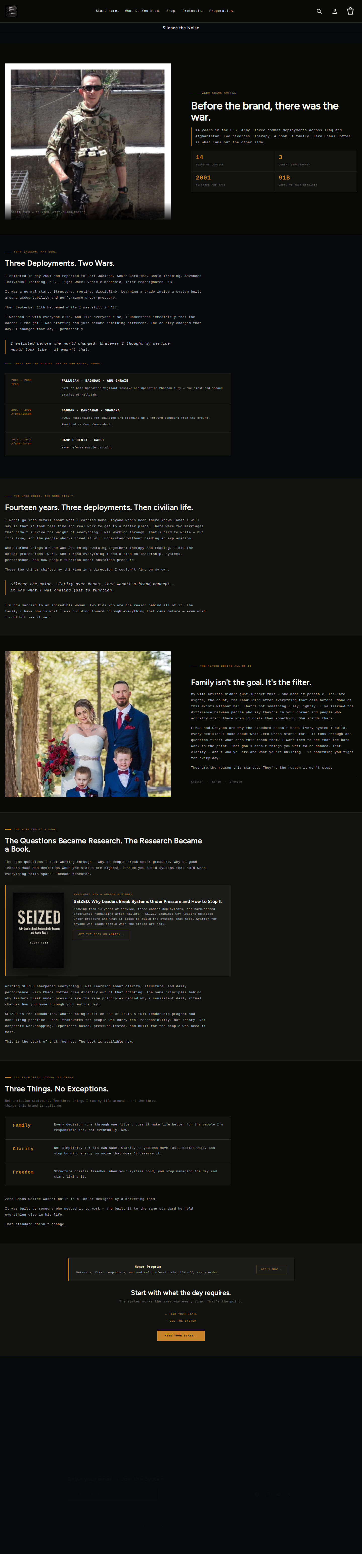 Zero Chaos Coffee founders page with Scott Ives story