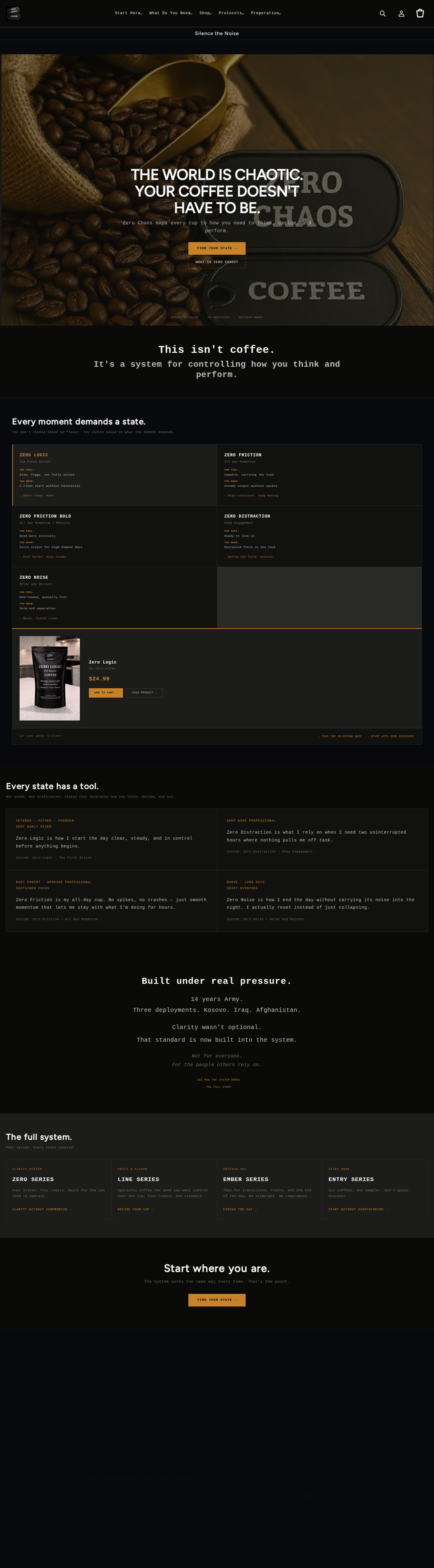 Zero Chaos Coffee homepage — dark themed hero with performance coffee positioning