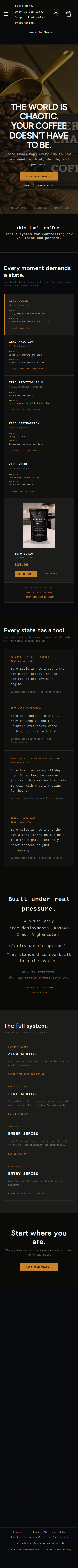 Zero Chaos Coffee homepage on mobile