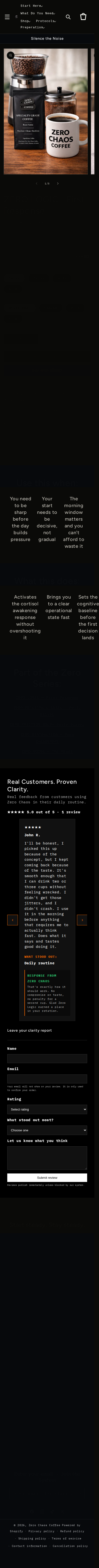 Zero Chaos Coffee product page on mobile