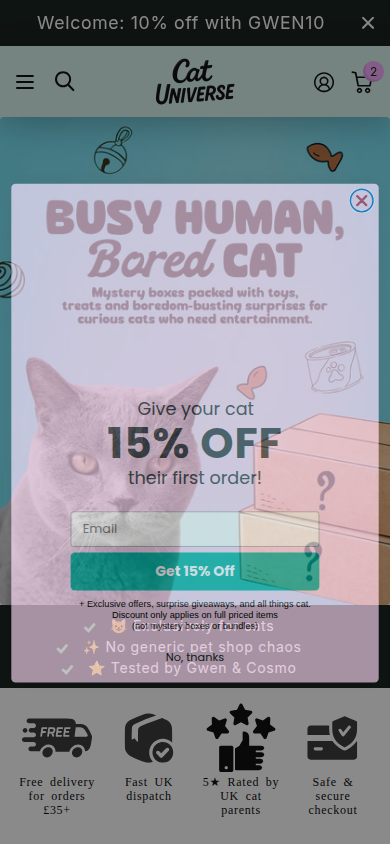 Cat Universe homepage on mobile