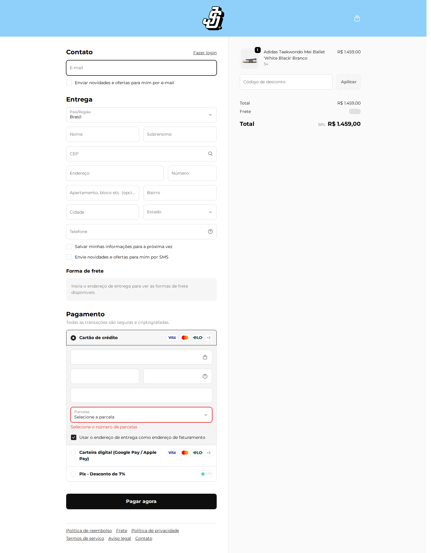 Página de checkout da Juicy Sneakers