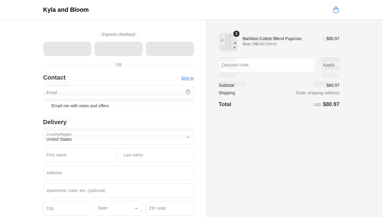 Checkout page with delivery fields