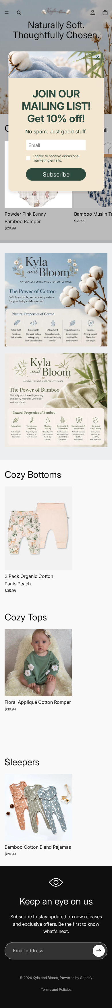 Kyla and Bloom homepage — mobile view