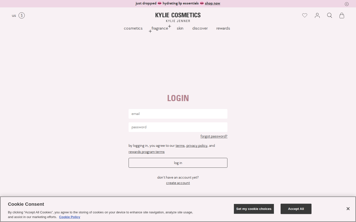 Kylie Cosmetics login page screenshot