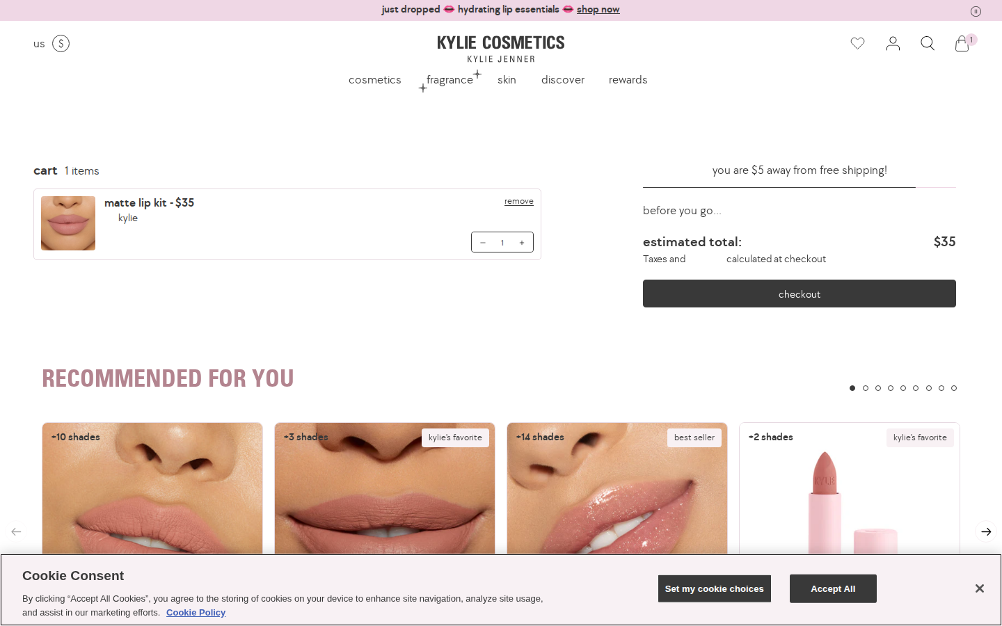 Kylie Cosmetics cart page with Matte Lip Kit item