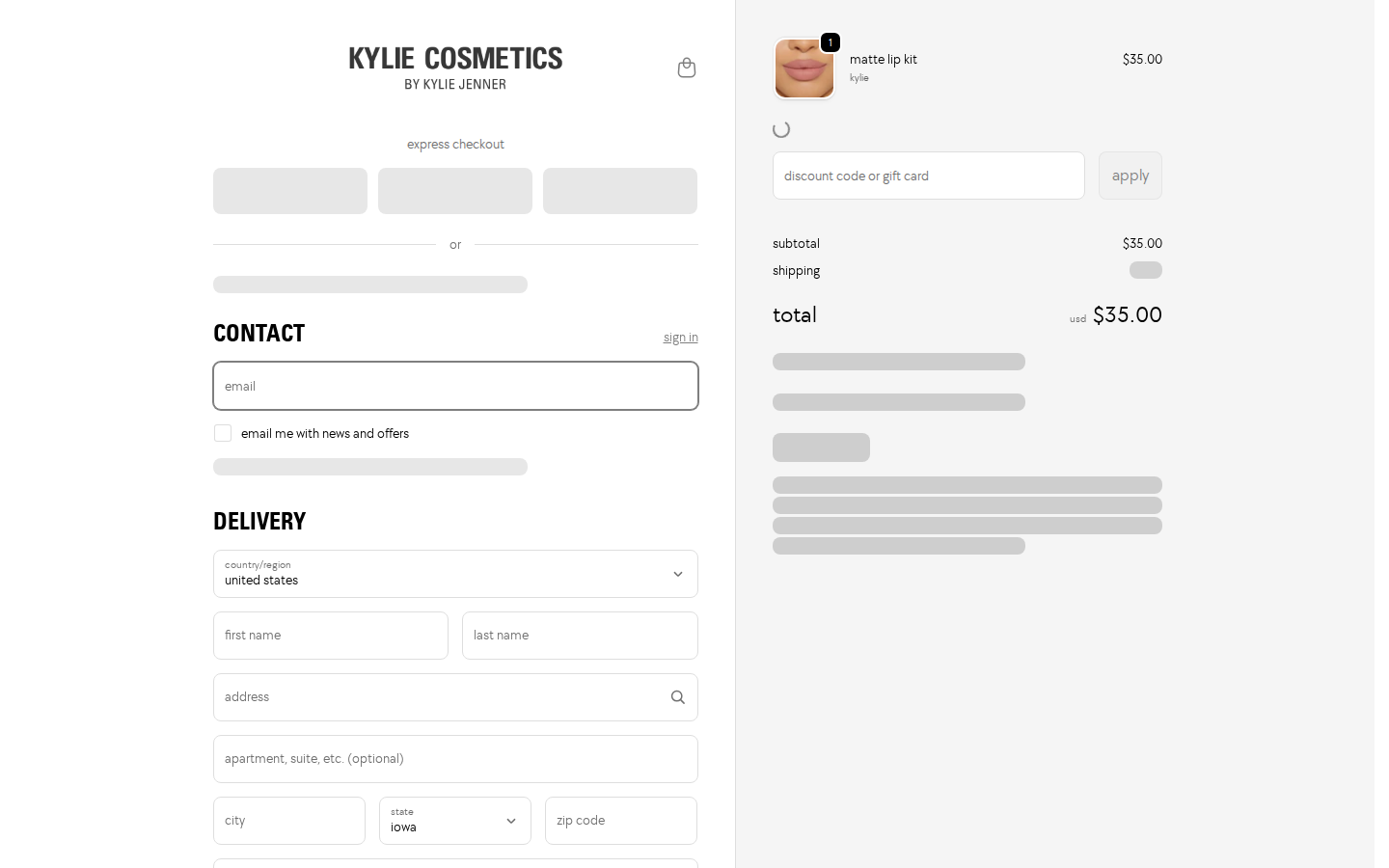 Kylie Cosmetics Shopify checkout page showing express checkout and form fields