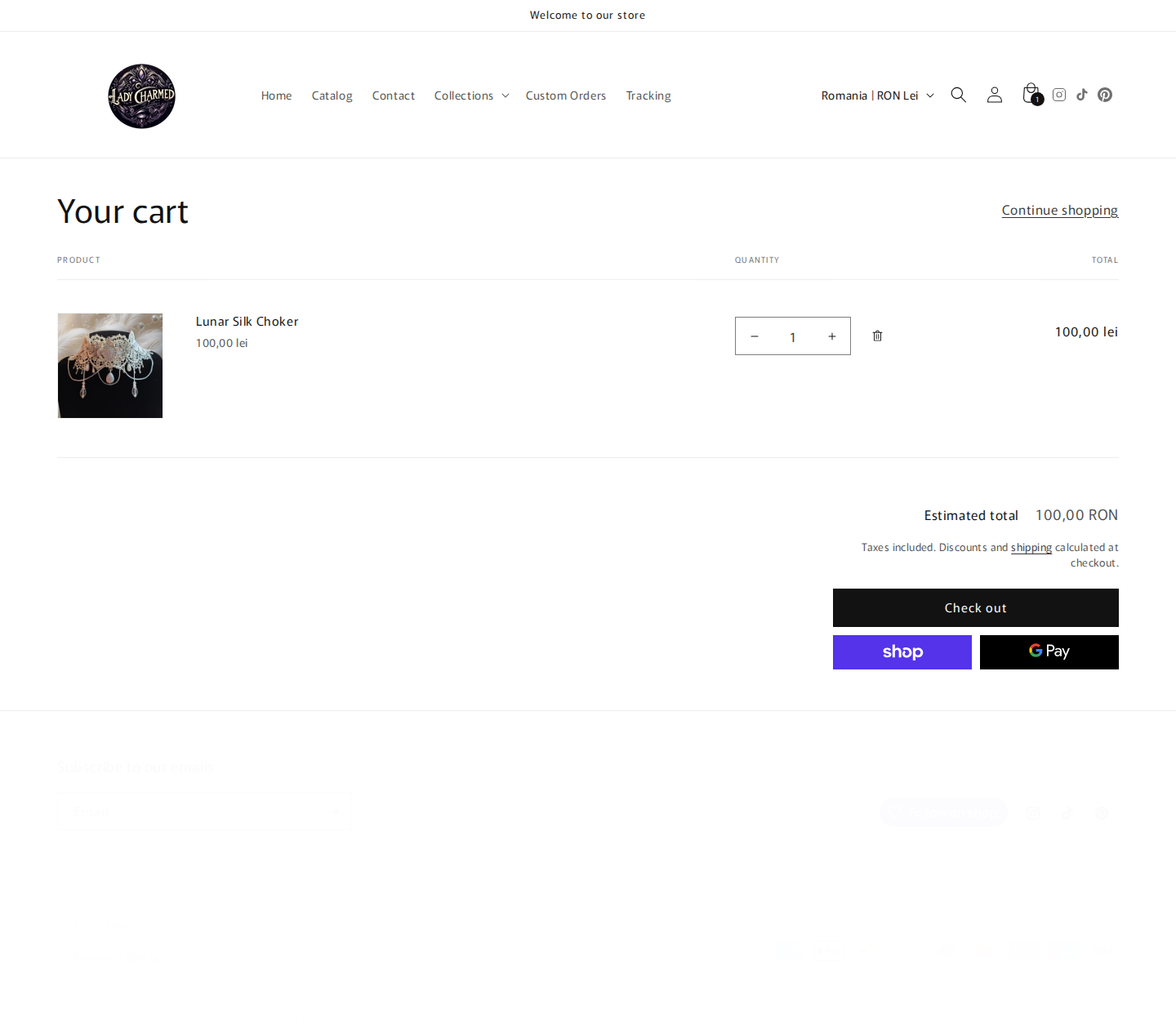 Lady Charmed cart page screenshot