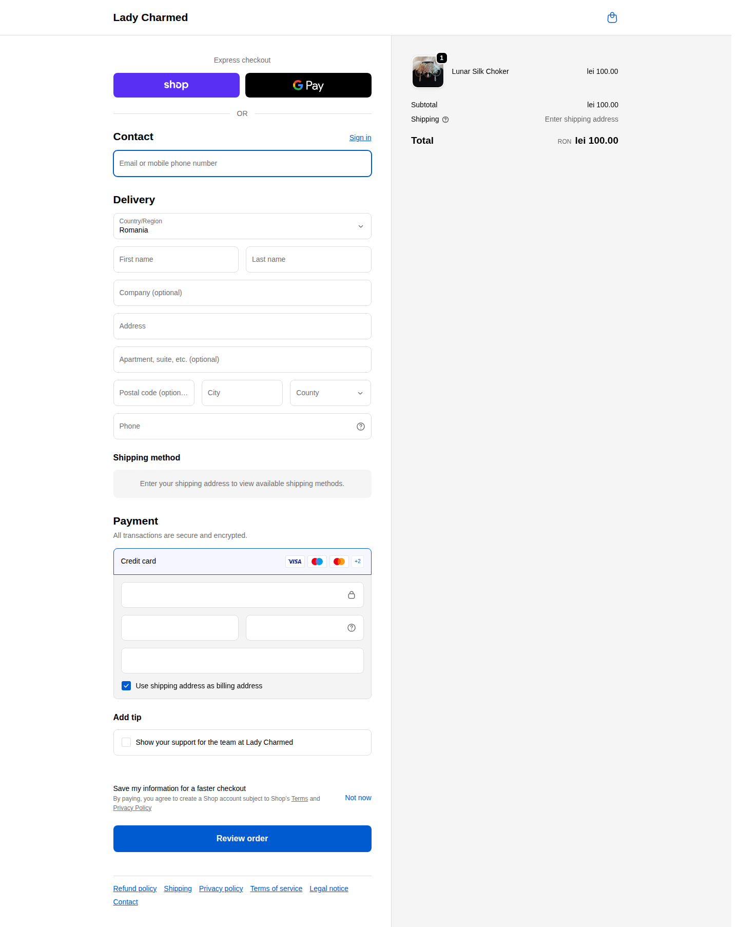 Lady Charmed checkout screenshot