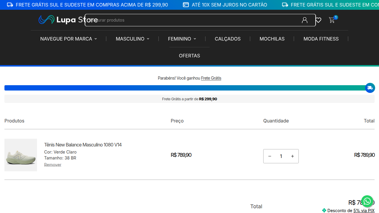 Carrinho de compras da Lupa Store