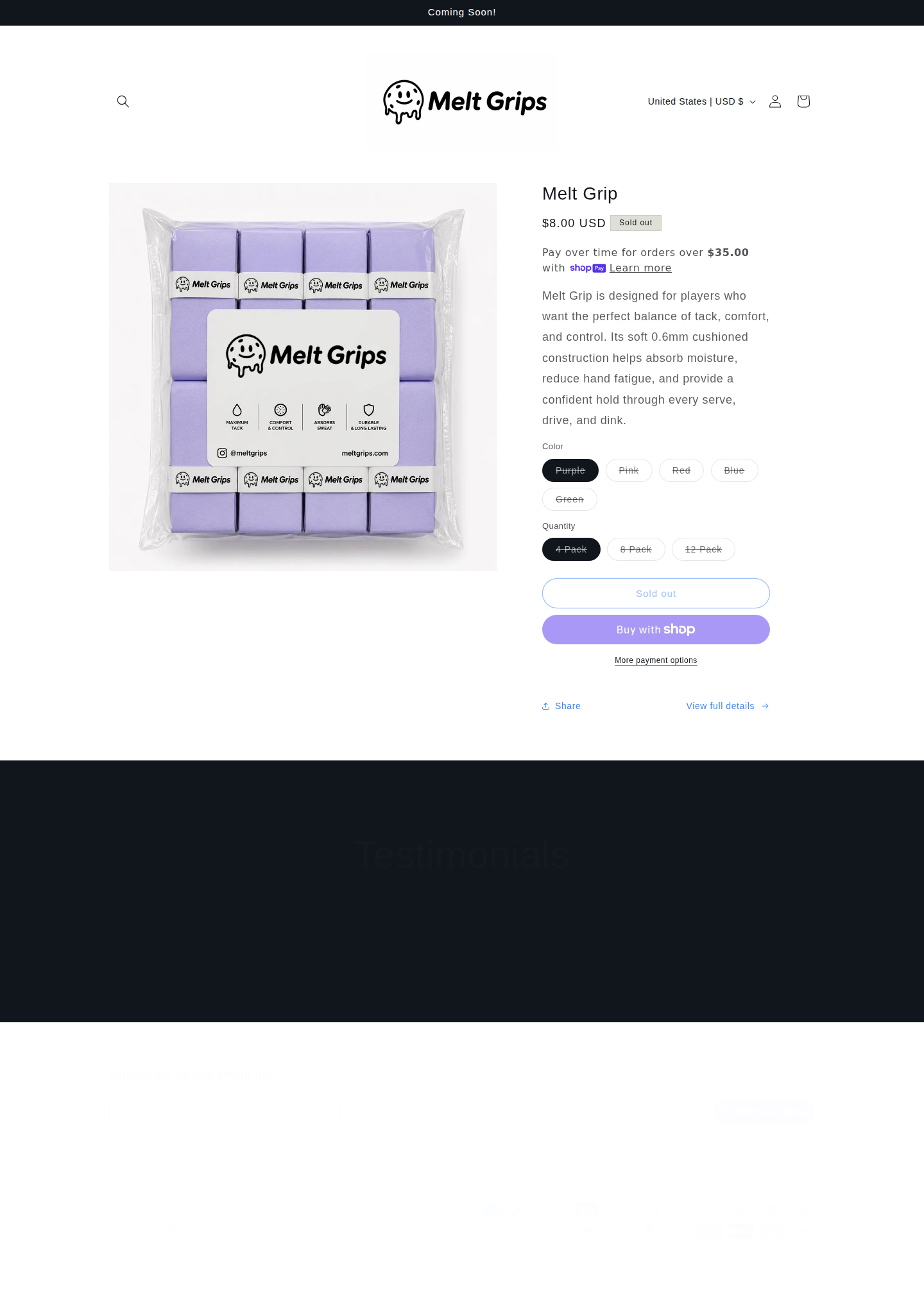 Melt Grips homepage — desktop view