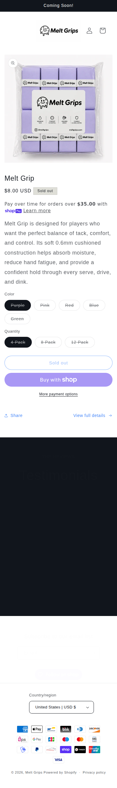 Melt Grips homepage — mobile view