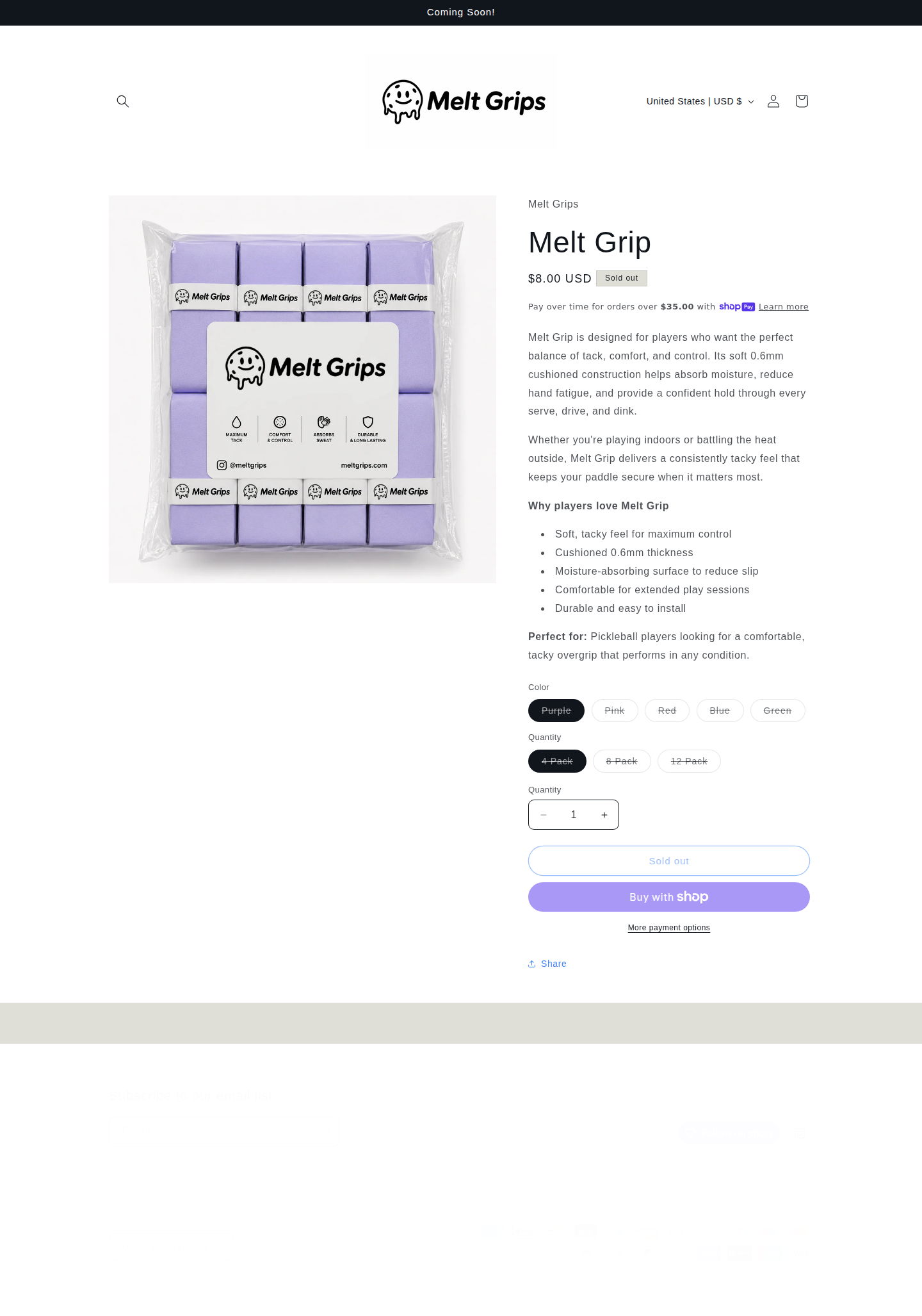 Melt Grip product page — desktop view