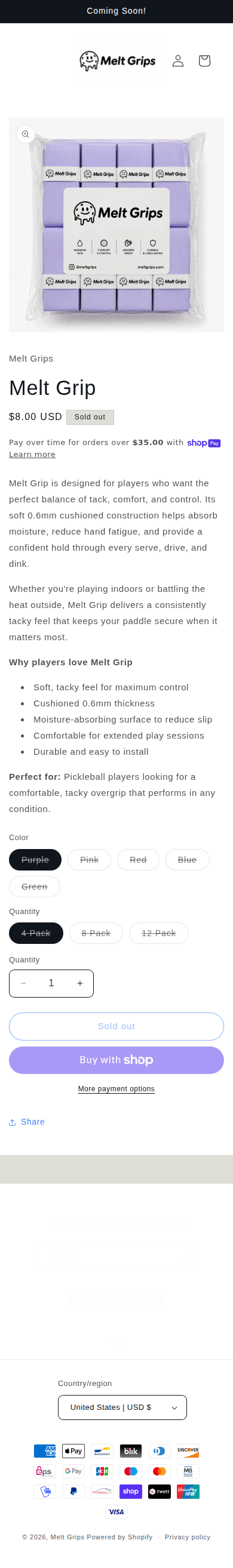 Melt Grip product page — mobile view
