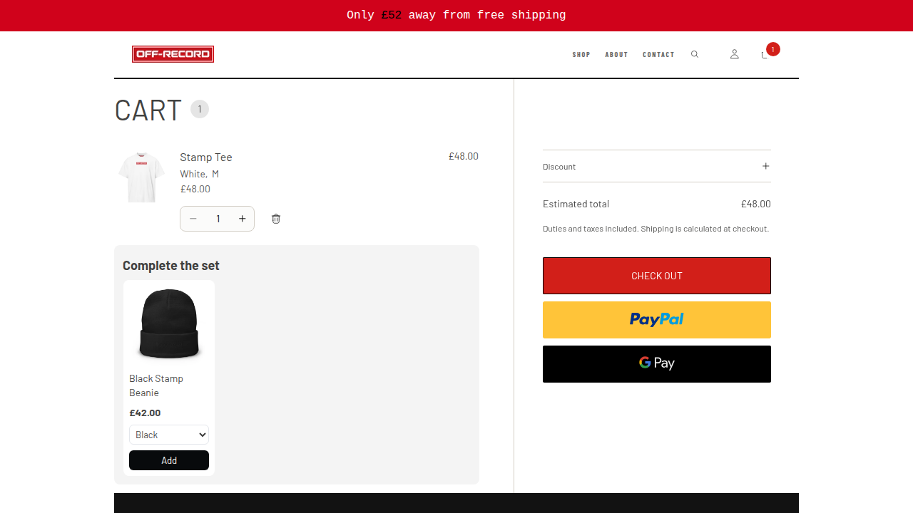 Cart page with free shipping message