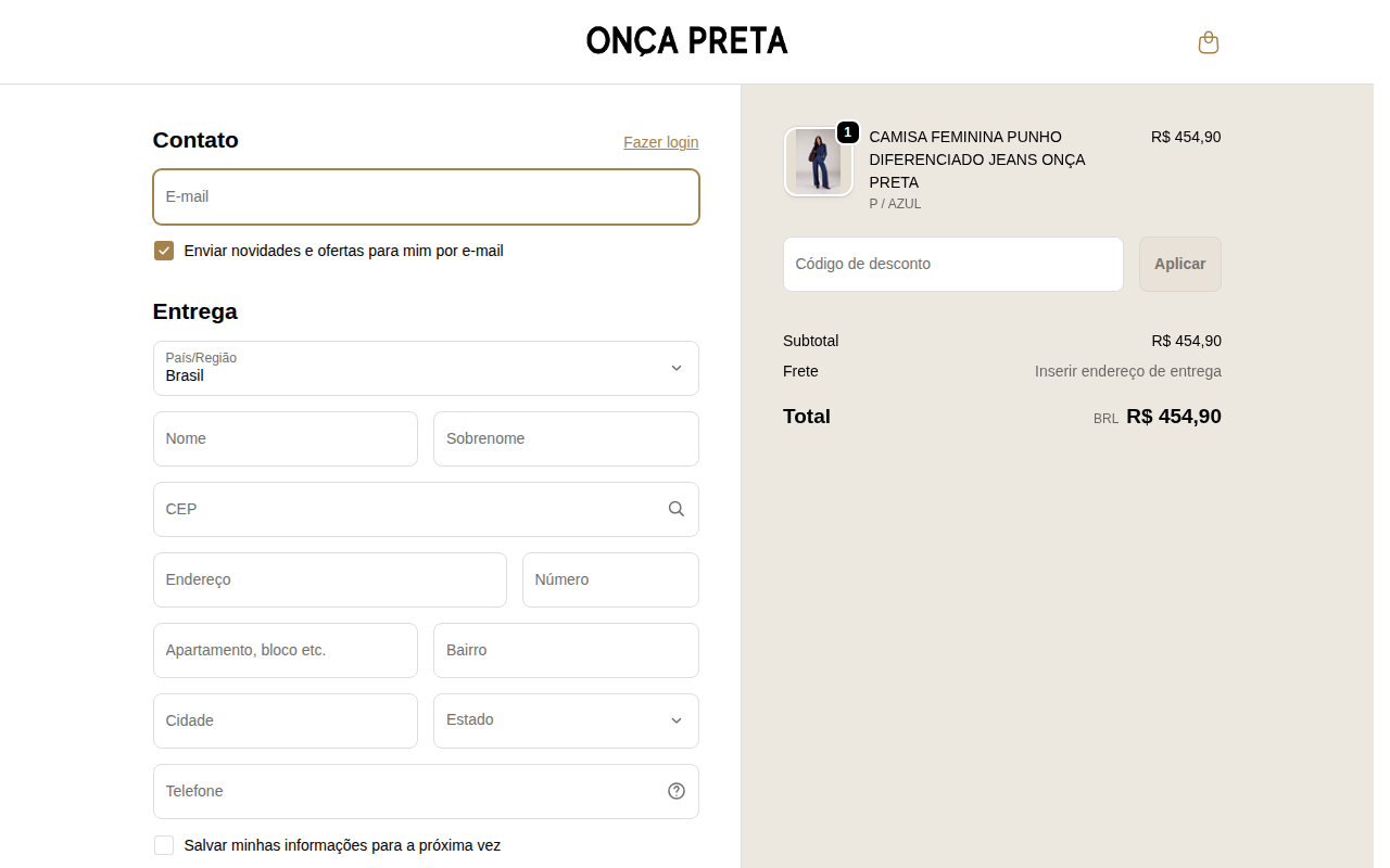 Tela de checkout da Onça Preta