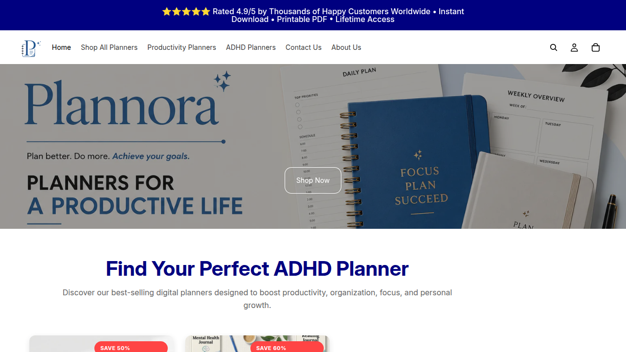 Plannora homepage — desktop view