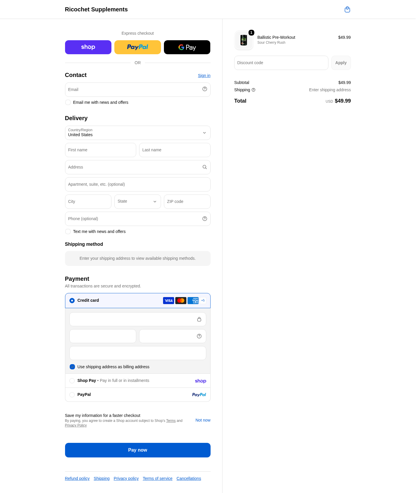 Checkout page with form fields