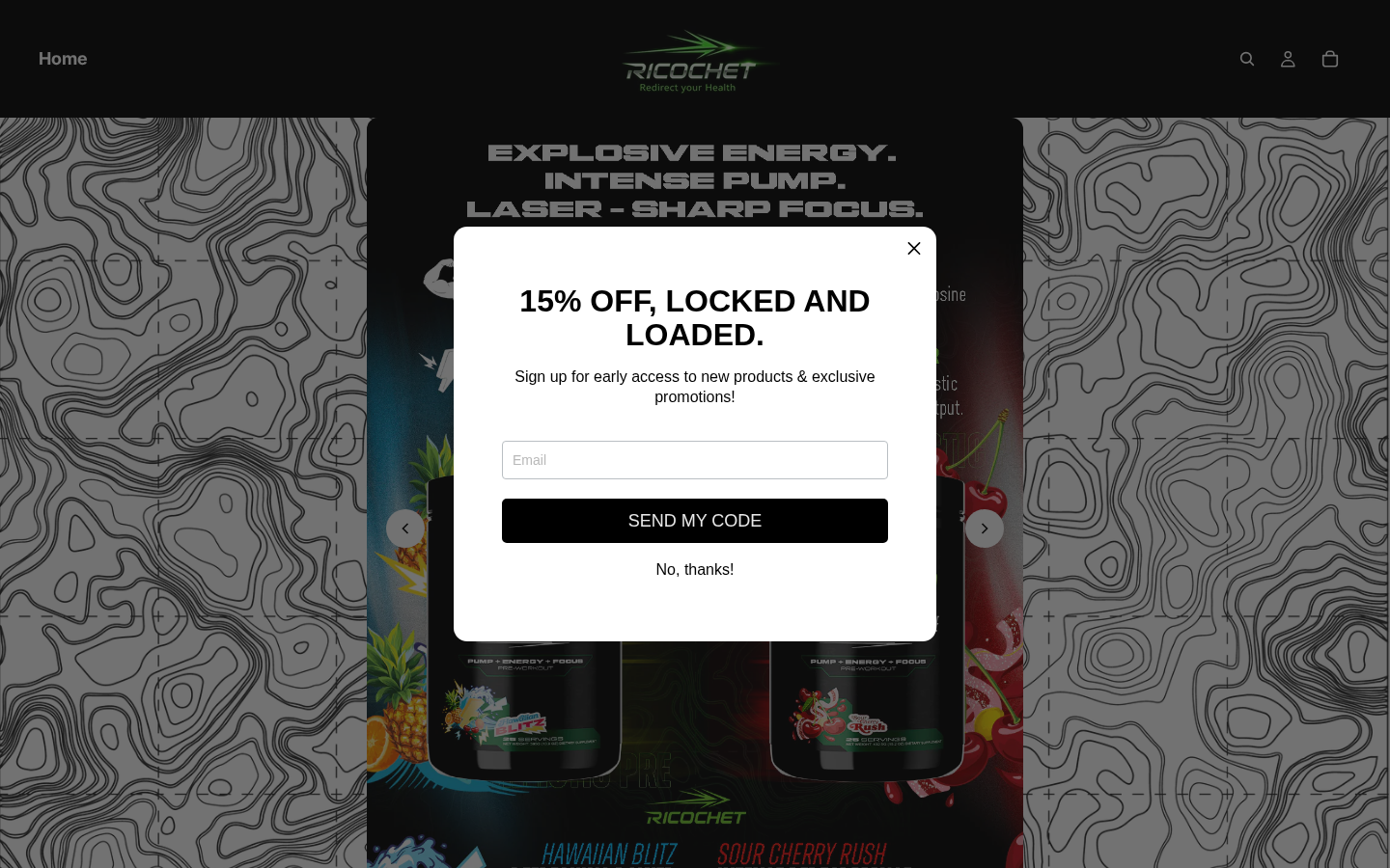 Ricochet Supplements homepage desktop view