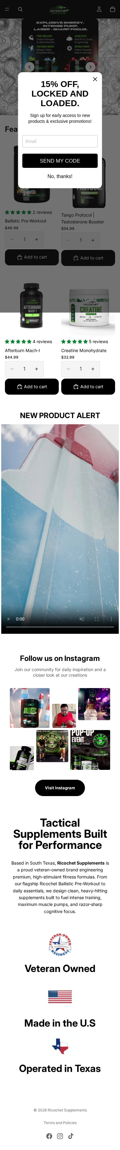 Ricochet Supplements homepage on mobile