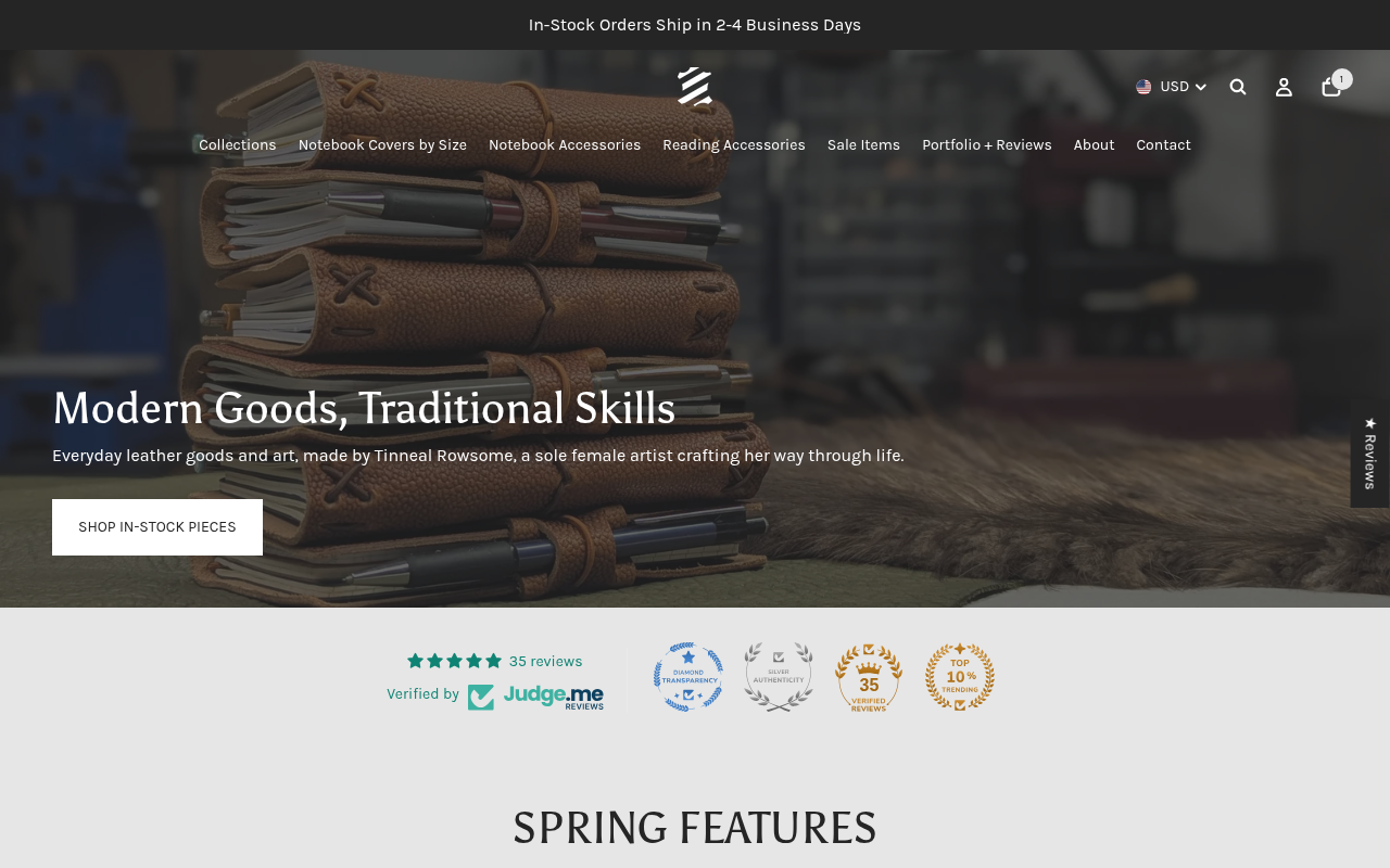 Rowsome Leather homepage — desktop view