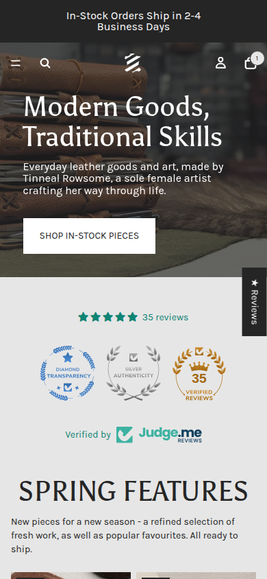 Rowsome Leather homepage — mobile 390px