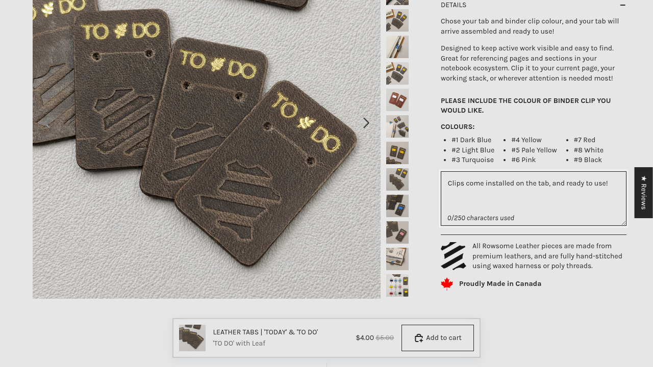 Leather Tabs product page — desktop