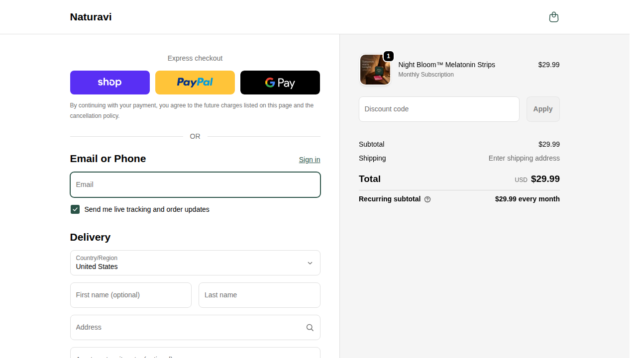 Naturavi checkout page