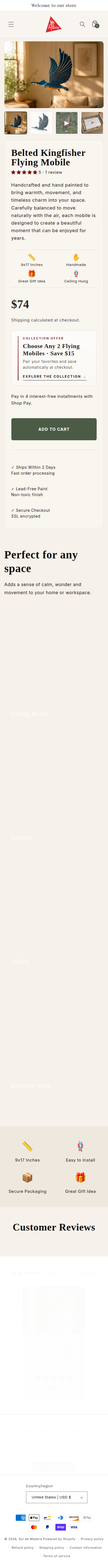 Belted Kingfisher product page on mobile