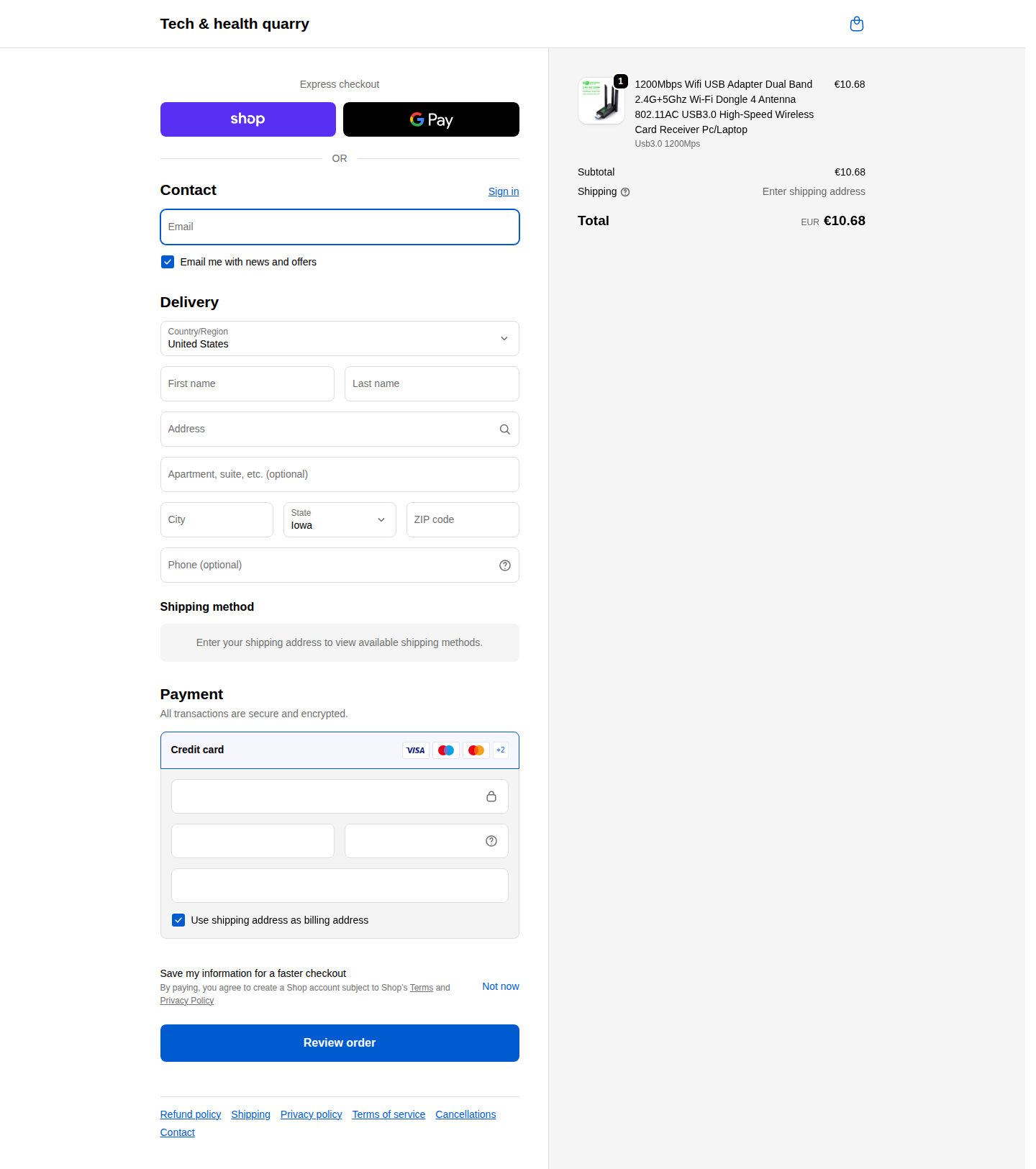 Shopify checkout page