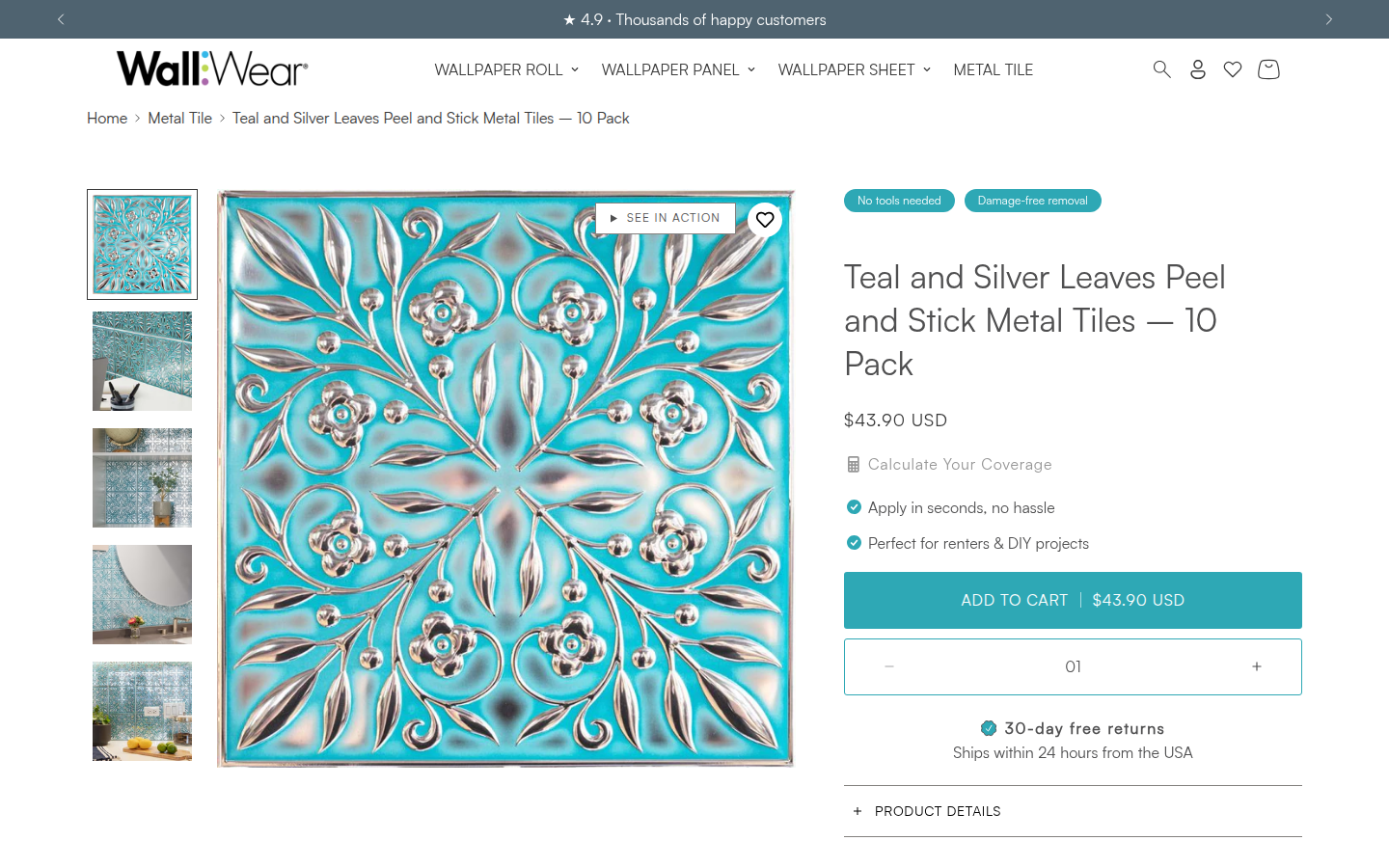 WallWear product page — Teal and Silver Leaves Metal Tiles
