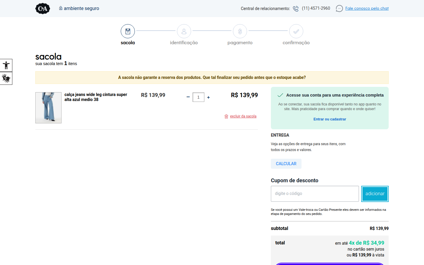 Checkout C&A — identificação por email