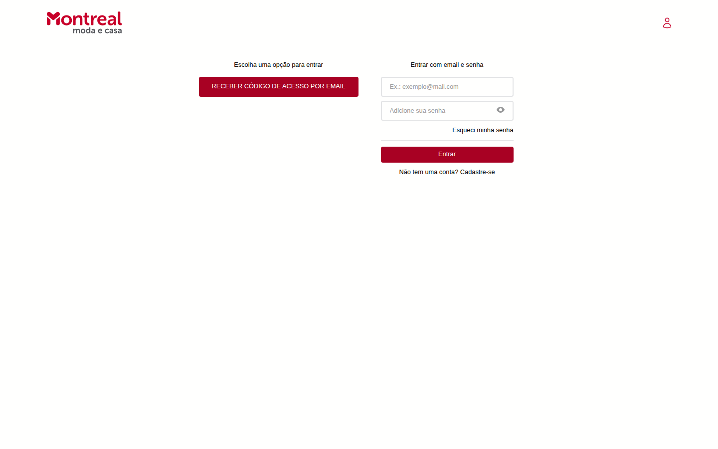 Página de login da Montreal Moda e Casa